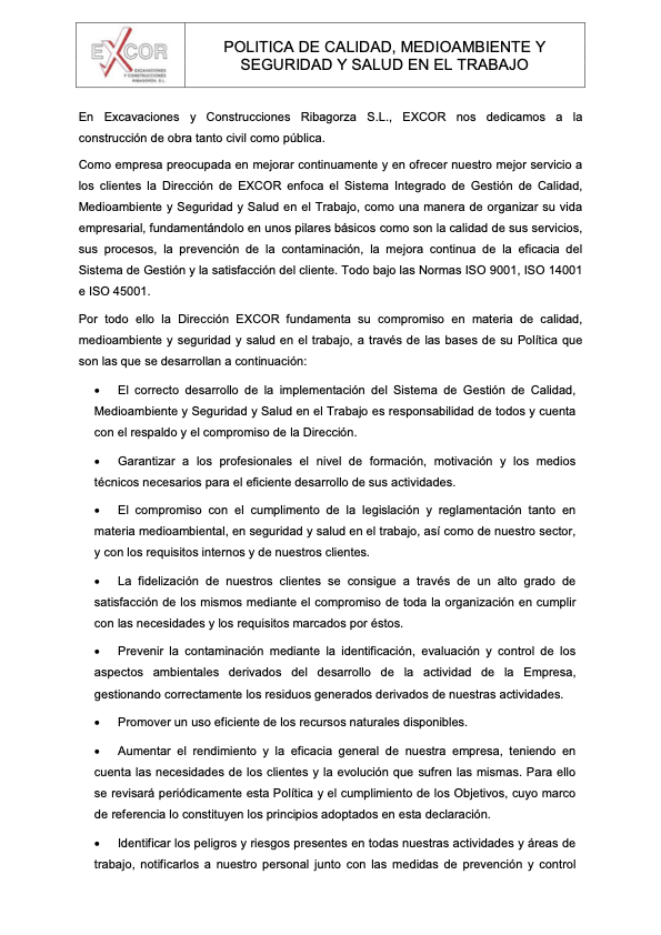 Previsualicación del certificado Política de Calidad y Medioambiente de la empresa